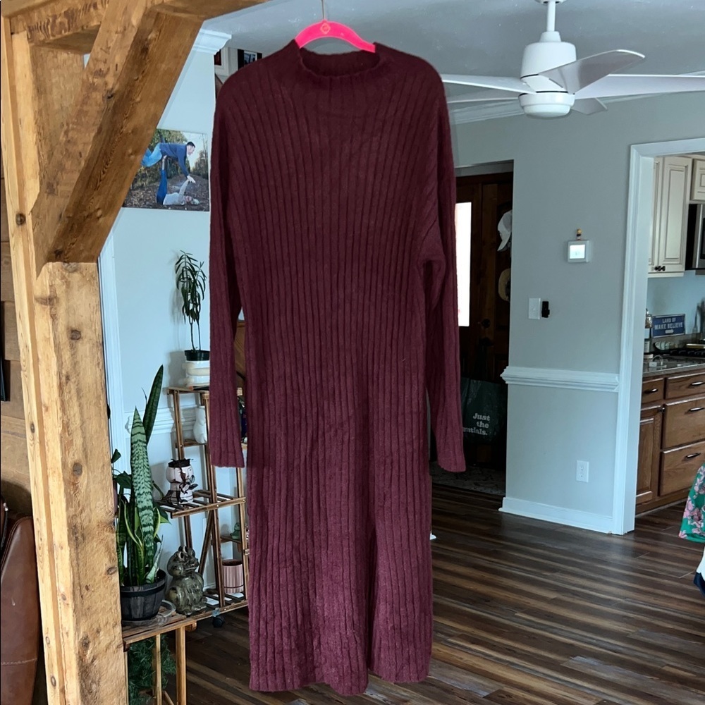 Aerie Ribbed Knit Mock Neck  Sweater Dress - Deep Burgundy - Picture 3 of 11